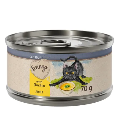 Feringa Cat Soup mit Huhn, Adult, 70 g Dose. Illustration einer schwarzen Katze neben einer Suppenschale.