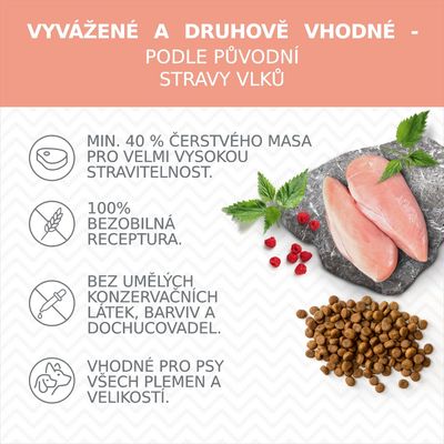 Vyvážené a druhově vhodné – podle původní stravy vlků. Min. 40 % čerstvého masa, 100% bezobilná receptura, bez umělých konzervantů, vhodné pro psy všech plemen a velikostí.