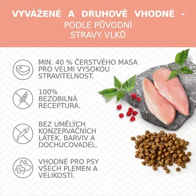 Vyvážené a druhově vhodné – podle původní stravy vlků. Min. 40 % čerstvého masa, 100% bezobilná receptura, bez umělých konzervantů, vhodné pro psy všech plemen a velikostí.