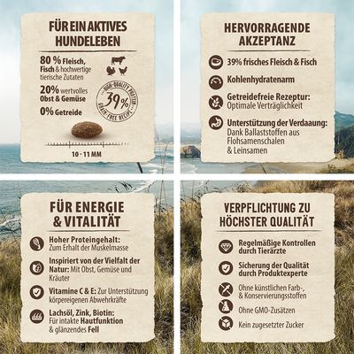 Текст на немецком: 80 % Fleisch, Fisch & hochwertige tierische Zutaten; 20 % Obst & Gemüse; 0 % Getreide; 39 % frisches Fleisch & Fisch; ohne künstliche Farb- и Konservierungsstoffe; kein zugesetzter Zucker.