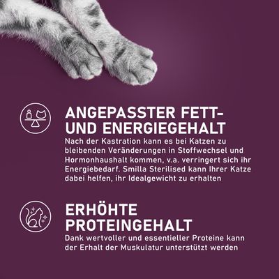 Angepasster Fett- und Energiegehalt sowie erhöhter Proteingehalt. Smilla Sterilised unterstützt Katzen nach Kastration beim Erhalt des Idealgewichts und der Muskulatur.