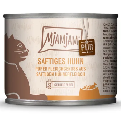Boîte MjAMjAM PUR, texte en allemand : Saftiges Huhn, purer Fleischgenuss aus saftigem Hühnerfleisch, getreidefrei. Illustration de chat et gamelle.