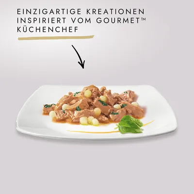 Einzigartige Kreationen inspiriert vom Gourmet™ Küchenchef. Gericht mit Fleischstücken, weissen Perlen und grünen Kräutern auf weissem Teller.