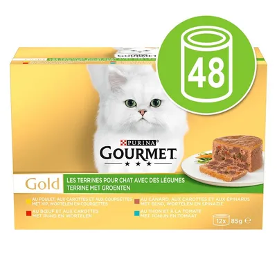 Purina Gourmet Gold, 48 консерви. Кутия с бяла котка, терин за котки със зеленчуци, 12×85 г. Видими варианти: пиле, патешко, говеждо, риба тон с моркови и зеленчуци. Purina Gourmet Gold, 48 консерви. Кутия с бяла котка, терин за котки със зеленчуци, 12×85 г. Видими варианти: пиле, патешко, говеждо, риба тон с моркови и зеленчуци.