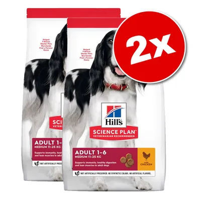 Lot de 2 sacs Hill's Science Plan Adult 1–6 Medium 11–25 kg, poulet. Texte visible : 'Supports immunity, healthy digestion and lean muscles in adult dogs'. Lot de 2 sacs Hill's Science Plan Adult 1–6 Medium 11–25 kg, poulet. Texte visible : 'Supports immunity, healthy digestion and lean muscles in adult dogs'.