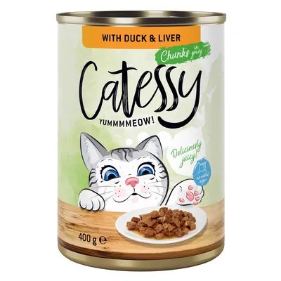 Catessy mokré krmivo s kachnou a játry, kousky v omáčce, 400g konzerva, bez přidaného cukru.