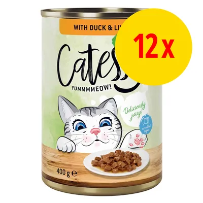 Catisfactions Yummmmeow! kissan märkäruoka, with duck & liver, 400 g. Pakkauksessa 12 x. Etiketissä piirros kissasta ja annosruoasta. Teksti: Deliciously juicy!