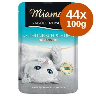Miamor Ragout Royale mit Thunfisch & Huhn in Sauce, 44x100g. Text: ohne Soja, ohne Zusatz von Zucker, feinere Stückchen, mit Taurin, NEU.