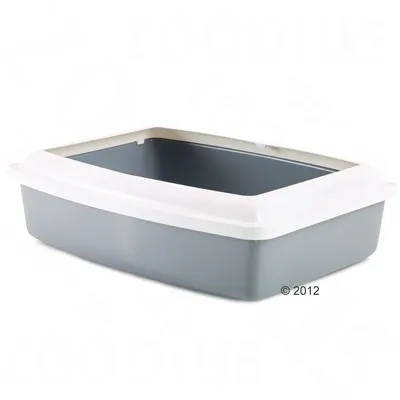 Kuweta dla kota z tworzywa sztucznego, prostokątna, szara z białą ramką. Widoczny otwarty pojemnik bez pokrywy.