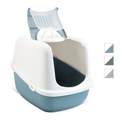 Kattenbak met kap, scharnierend deurtje opengeklapt, kunststof in wit en blauw. Drie kleurvarianten zichtbaar als kleine vierkanten rechts: blauw-wit, grijs-wit, beige-wit. Kattenbak met kap, scharnierend deurtje opengeklapt, kunststof in wit en blauw. Drie kleurvarianten zichtbaar als kleine vierkanten rechts: blauw-wit, grijs-wit, beige-wit.
