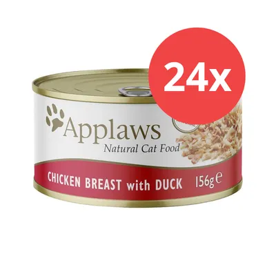 Lot de 24 boîtes Applaws Natural Cat Food, CHICKEN BREAST with DUCK, 156 g chacune. Texte visible en anglais sur l’emballage.