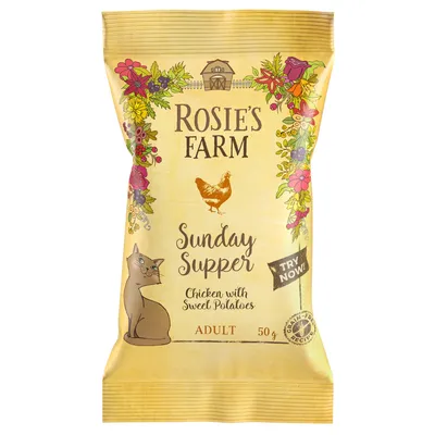 Rosie's Farm Sunday Supper Adult kattefoder, kylling med sød kartoffel, 50g, kornfri opskrift. Emballage med blomstermotiv og kat. Rosie's Farm Sunday Supper Adult kattefoder, kylling med sød kartoffel, 50g, kornfri opskrift. Emballage med blomstermotiv og kat.