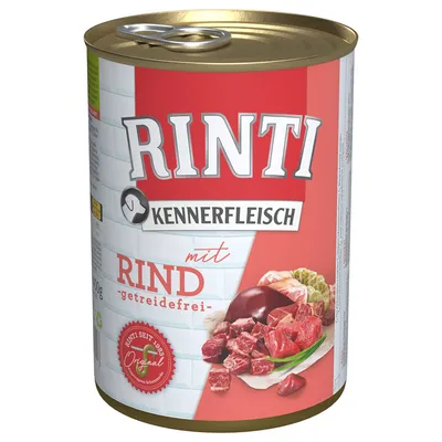 RINTI Kennerfleisch mit Rind -getreidefrei- koiran märkäruokapurkki, etiketissä naudanlihaa ja vihanneksia, saksankielinen teksti RINTI Kennerfleisch mit Rind -getreidefrei- koiran märkäruokapurkki, etiketissä naudanlihaa ja vihanneksia, saksankielinen teksti
