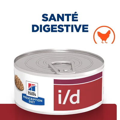 Hill's Prescription Diet i/d, boîte avec texte visible « SANTÉ DIGESTIVE » et pictogramme poulet. Étiquette partiellement visible sur la conserve.
