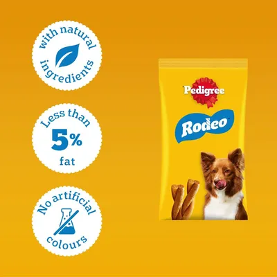 Pedigree Rodeo. Made with natural ingredients, less than 5% fat, no artificial colourings. Pedigree Rodeo. Made with natural ingredients, less than 5% fat, no artificial colourings.