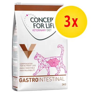CONCEPT FOR LIFE Veterinary Diet GASTROINTESTINAL 3 kg, confezione da 3 pezzi. Testo visibile: compensation for nutrient loss, easily digestible, high palatability. CONCEPT FOR LIFE Veterinary Diet GASTROINTESTINAL 3 kg, confezione da 3 pezzi. Testo visibile: compensation for nutrient loss, easily digestible, high palatability.