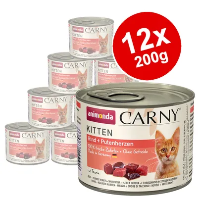 Pack of 12 Animonda Carny Kitten beef and turkey hearts wet food cans, each 200g. Label states 100% fresh ingredients, grain-free, made in Germany, with taurine.