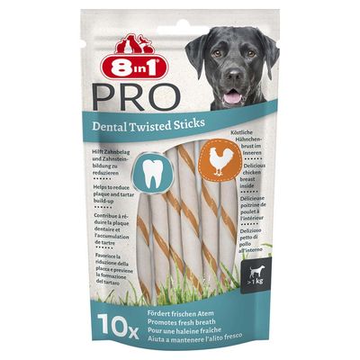 8 in 1 PRO Dental Twisted Sticks, segít csökkenteni a lepedéket, ízletes csirkemell a belsejében, friss leheletet biztosít, 10 darab, 1 kg feletti kutyáknak.