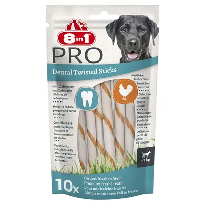 8 in 1 PRO Dental Twisted Sticks, segít csökkenteni a lepedéket, ízletes csirkemell a belsejében, friss leheletet biztosít, 10 darab, 1 kg feletti kutyáknak. 8 in 1 PRO Dental Twisted Sticks, segít csökkenteni a lepedéket, ízletes csirkemell a belsejében, friss leheletet biztosít, 10 darab, 1 kg feletti kutyáknak.