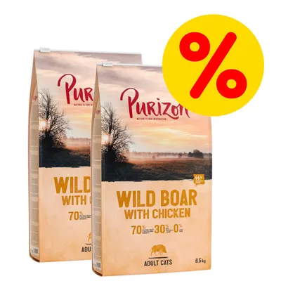 2 sacs Purizon Wild Boar with Chicken pour chats adultes, 6,5 kg chacun, texte visible : 70 % viande, 30 % fruits/légumes, 0 % céréales, offre spéciale signalée par un symbole pourcentage.