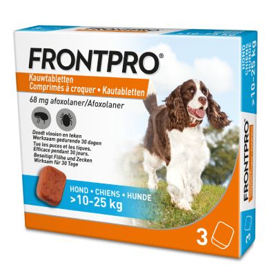 FRONTPRO kauwtabletten 11,3 mg afoxolaner voor hond 2–4 kg, doodt vlooien en teken, werkzaam 30 dagen, verpakking met 3 tabletten. Tekst in Nederlands, Frans, Duits.