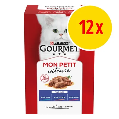 Gourmet Mon Petit Intense, 12 pack. Fine cuts with tuna, salmon and trout in sauce. New taste experience.
