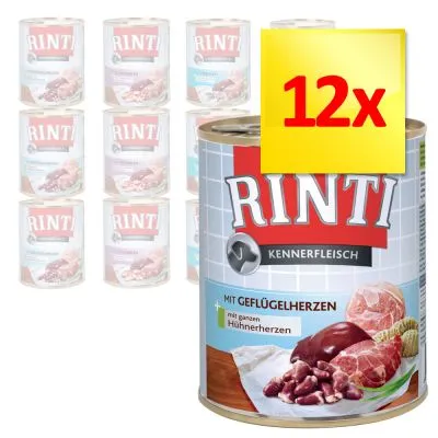 RINTI Kennerfleisch mit Geflügelherzen, balení 12x konzerv. Na etiketě zobrazeny celé kuřecí srdce a maso. Text v němčině: mit ganzen Hühnerherzen.