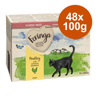 Feringa Classic Meat Adult, Geflügel mit Karotten und Löwenzahn. Packung mit 48x100g Portionsbeuteln.