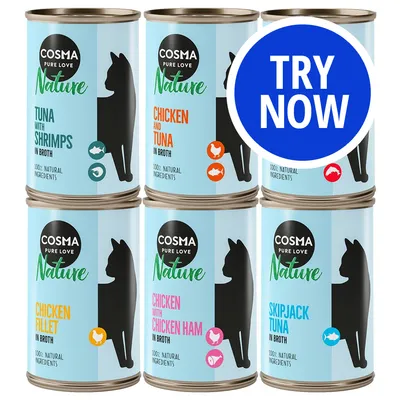 Cosma Nature cans in six varieties: tuna with shrimps, chicken and tuna, chicken fillet, chicken with chicken ham, skipjack tuna. Blue circle with 'Try Now' text.