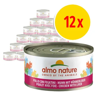 Multipack of 12 Almo Nature chicken with liver tins. Text on packaging: pollo con fegatini, huhn mit hühnerleber, poulet avec foie, chicken with liver.