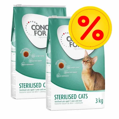 Sterilised cats food, 3kg pack, for cats aged 1 year and over. Special formula highlights: body weight control, urinary tract support, muscle maintenance. Percentage discount symbol shown.
