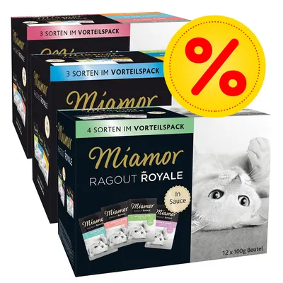 Miamor Ragout Royale Vorteilspack, 4 Sorten, 12 x 100g Beutel, In Sauce. Prozentzeichen für Rabattaktion sichtbar.