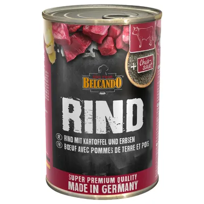 Belcando Dog Food vită cu cartofi și mazăre, Super Premium Quality, Made in Germany, conține semințe de chia.
