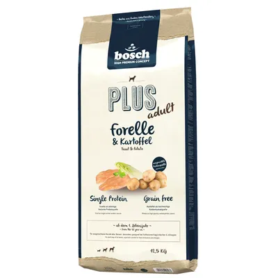 Bosch Plus Adult postrv in krompir, ena beljakovina, brez žit, od 1. leta starosti, 12,5 kg. Kakovostna suha hrana za pse z občutljivo prebavo.