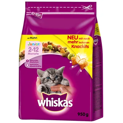 Whiskas Junior 2–12 Monate, suha hrana za mačiće s piletinom, 950 g. Tekst na njemačkom: NEU mit noch mehr leckeren Knackits, Gesundes Wachstum, Natürliche Abwehrkräfte.