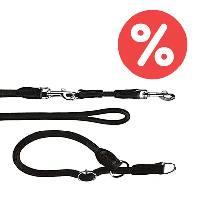 Schwarze Hundeleine mit verstellbaren Karabinern und Halsband. Rotes Prozent-Symbol für Rabattaktion sichtbar.