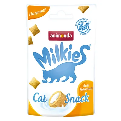 Animonda Milkies Harmony kattensnack, anti-haarbal, graanvrij. Verpakking met kattenmotief en afbeelding van de snack.