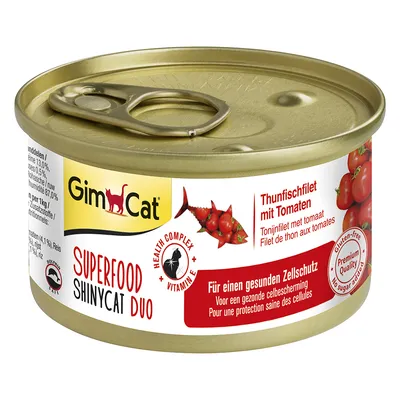 GimCat Superfood ShinyCat Duo tonijnfilet met tomaten. Health Complex met vitamine E. Voor gezonde celbescherming. Glutenvrij, Premium Quality, zonder toegevoegde suikers.