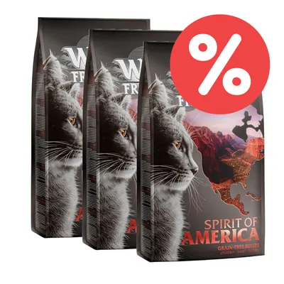 Wild Freedom Spirit of America Katzenfutter, getreidefrei, Rezept mit Huhn, Rind und Truthahn. Prozent-Symbol für Rabattaktion sichtbar.