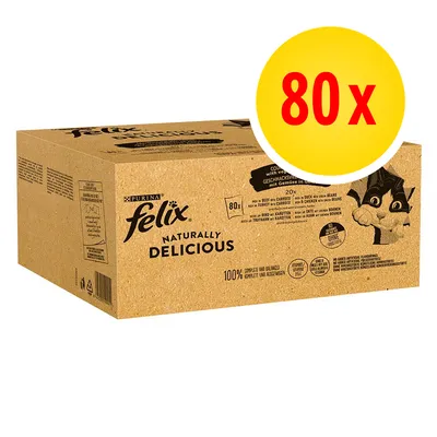 Confezione Purina Felix Naturally Delicious, scatola marrone con scritta 80x in cerchio giallo, 100% complete and balanced, senza coloranti artificiali visibile. Confezione Purina Felix Naturally Delicious, scatola marrone con scritta 80x in cerchio giallo, 100% complete and balanced, senza coloranti artificiali visibile.