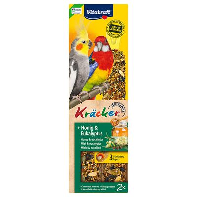 Vitakraft Kracker voor parkieten, varianten Honing & Eucalyptus en Amandel & Vijg, 2 stuks per verpakking, suikervrij recept, zichtbaar: cockatiel en parkiet op de doos.