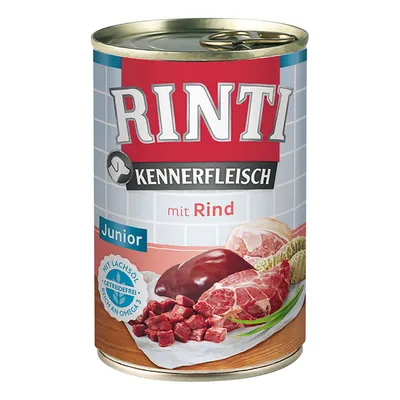 Rinti Kennerfleisch Junior naudalla, viljaton, lohiöljyllä, runsaasti omega-3:a. Kuvassa lihapaloja ja ainesosia purkissa.