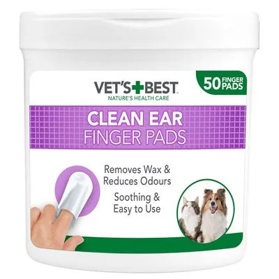 Vet's Best Clean Ear Finger Pads, 50 stuks. Verwijdert oorsmeer en vermindert geurtjes. Verzachtend en eenvoudig in gebruik. Afbeelding van een kat en hond op de verpakking.