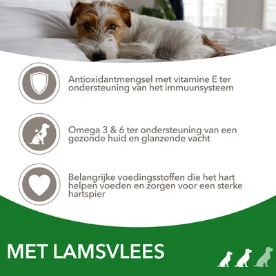 Antioxidantmengsel met vitamine E, omega 3 & 6 voor huid en vacht, voedingsstoffen voor hartspier. Met lamsvlees.