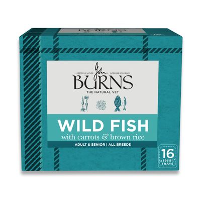 Burns Free Range Chicken sárgarépával és barna rizzsel. Felnőtt és idős kutyáknak, minden fajtának. Dr. John Burns állatorvos által fejlesztve. 16 x 395g tálcás csomag.