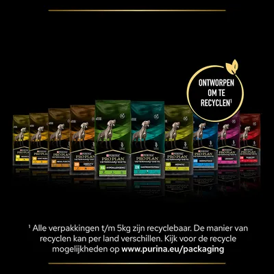 Purina Pro Plan Veterinary Diets hondenvoer, diverse varianten. Cirkel met tekst: Ontworpen om te recyclen¹. Onder: Alle verpakkingen t/m 5kg zijn recyclebaar. www.purina.eu/packaging