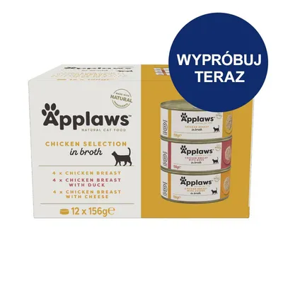 Applaws Natural Cat Food Chicken Selection in Broth, 12 x 156 g; 4 x chicken breast, 4 x chicken breast with duck, 4 x chicken breast with cheese. Napis: WYPRÓBUJ TERAZ.
