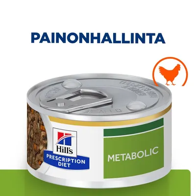 Hill's Prescription Diet Metabolic -purkki, etiketeissä tekstit 'PRESCRIPTION DIET' ja 'METABOLIC'. Yläpuolella teksti 'PAINONHALLINTA' ja oranssi kanan siluetti.