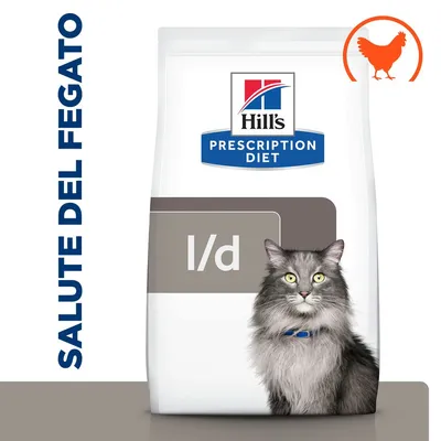 Hill's Prescription Diet l/d per gatti, scritta 'SALUTE DEL FEGATO', immagine di un gatto e simbolo arancione di pollo in alto a destra sulla confezione.