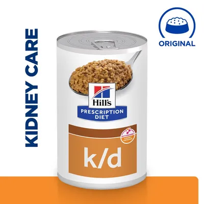 Can labelled k/d with text Kidney Care, Prescription Diet, and ActivBiome+ Kidney Defence. Original flavour indicated by icon.
